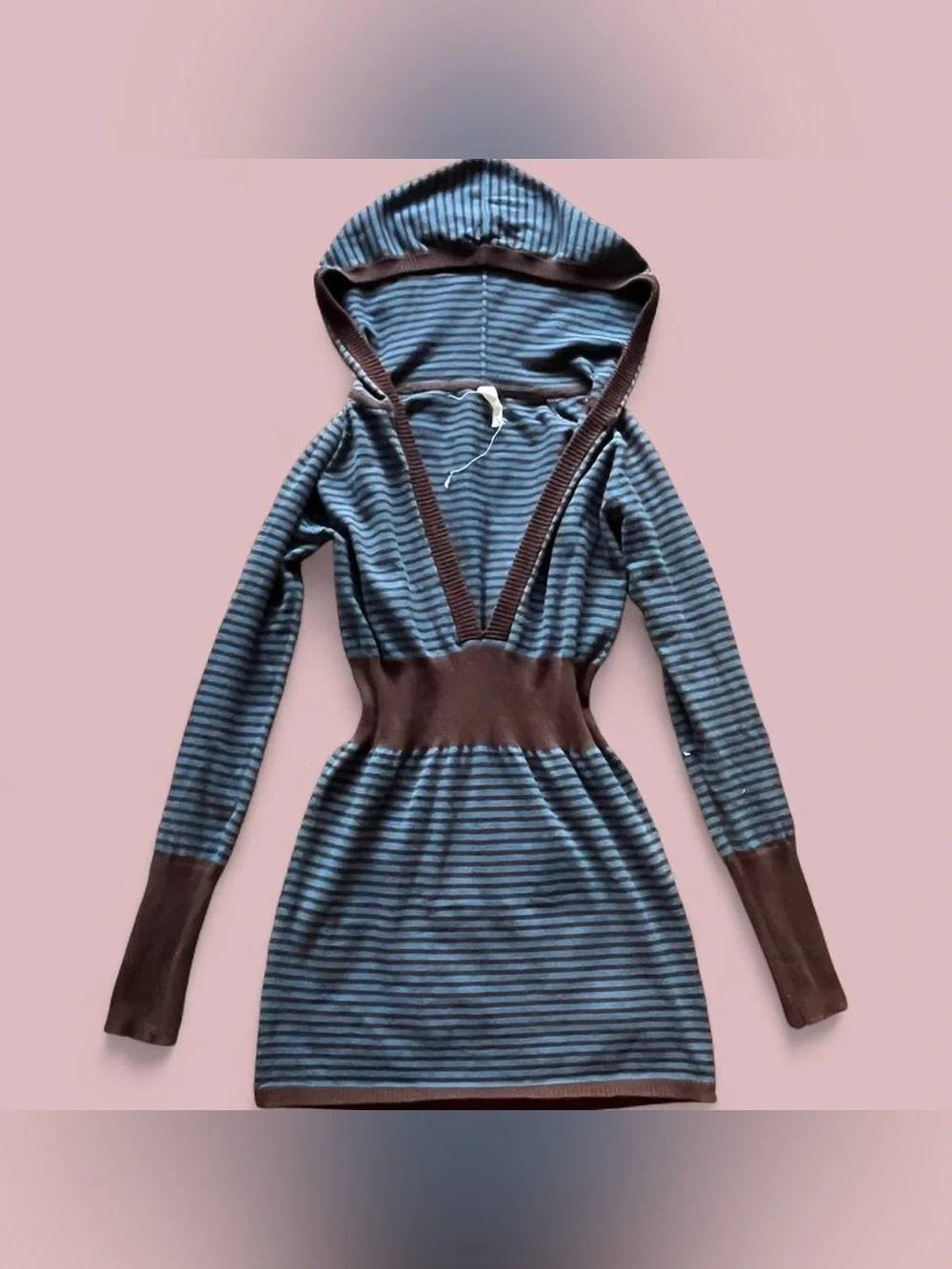 Y2K 2000s Vintage Preppy Blue and brown striped empire waist Henley hoodie M